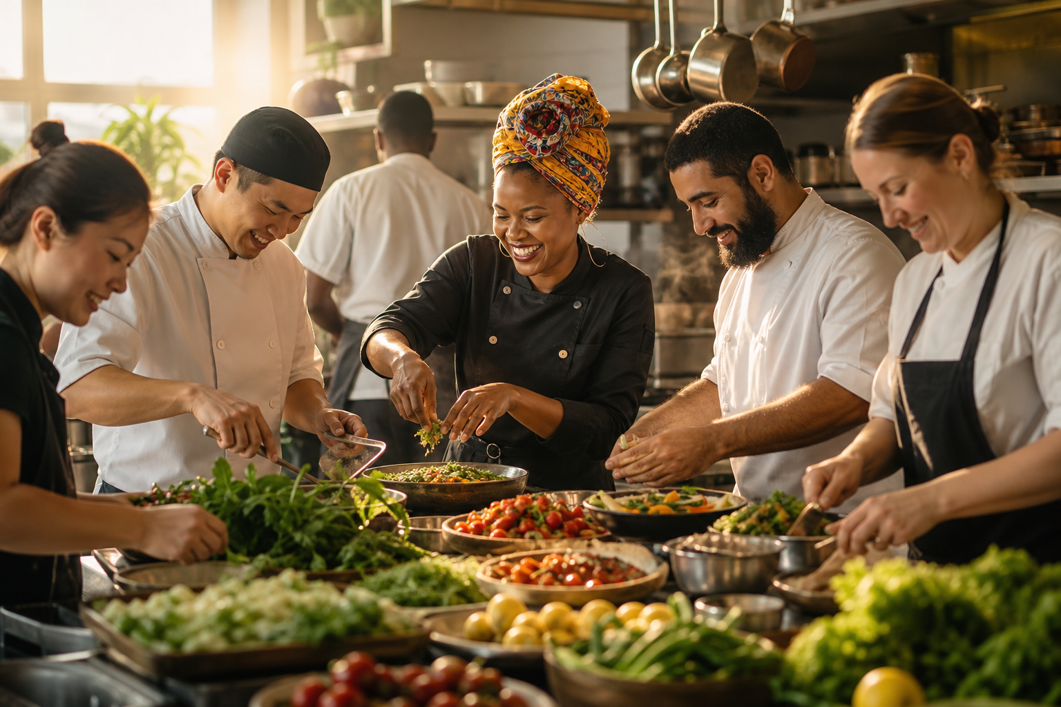 Diverse Dishes Shared by Hands Around World Table